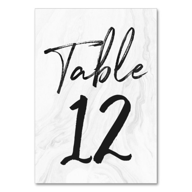Modern White Marble Script | Table Number Card 12 (Front)