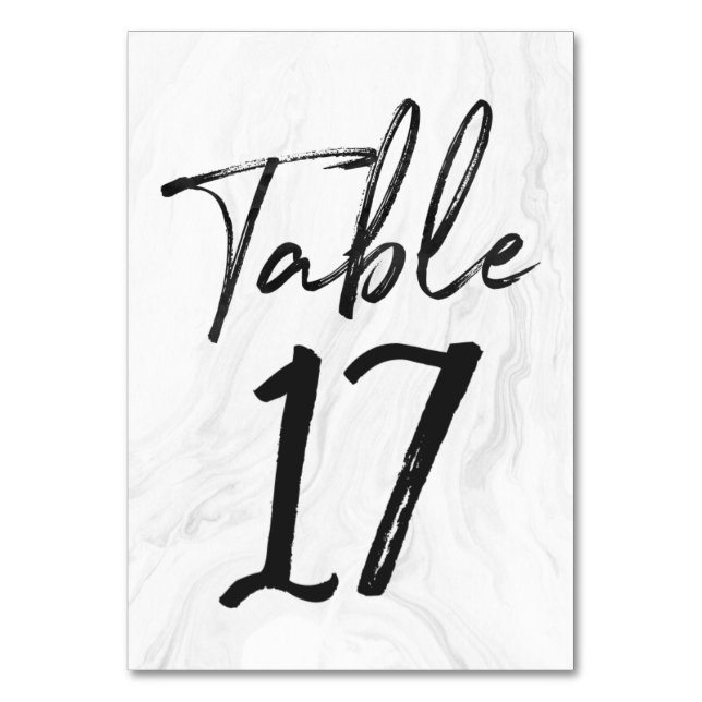 Modern White Marble Script | Table Number Card 17 (Front)