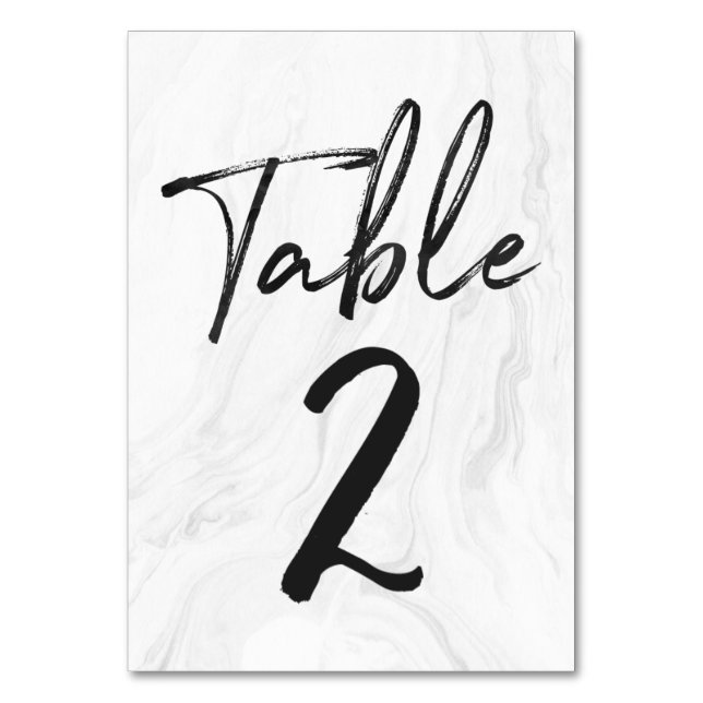 Modern White Marble Script | Table Number Card 2 (Front)