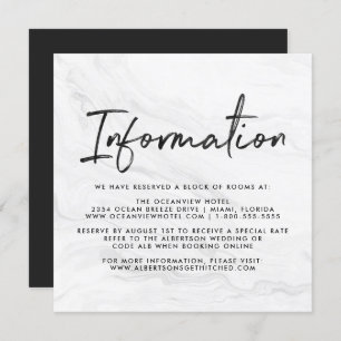 Modern White Marble Script Wedding Information Invitation