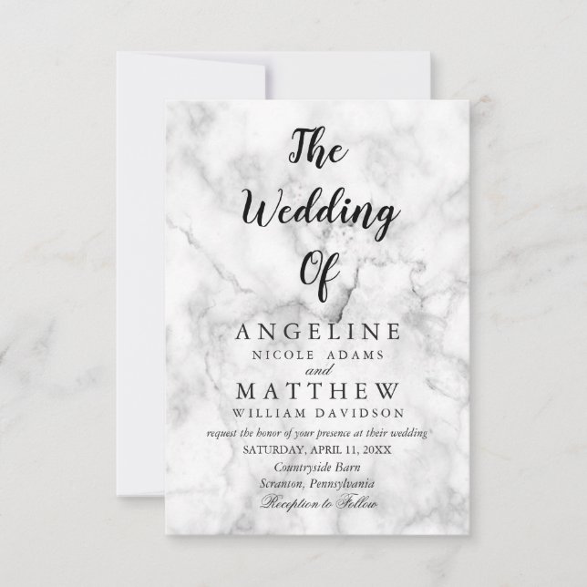 Modern White Marble Script | Wedding Invitation (Front)