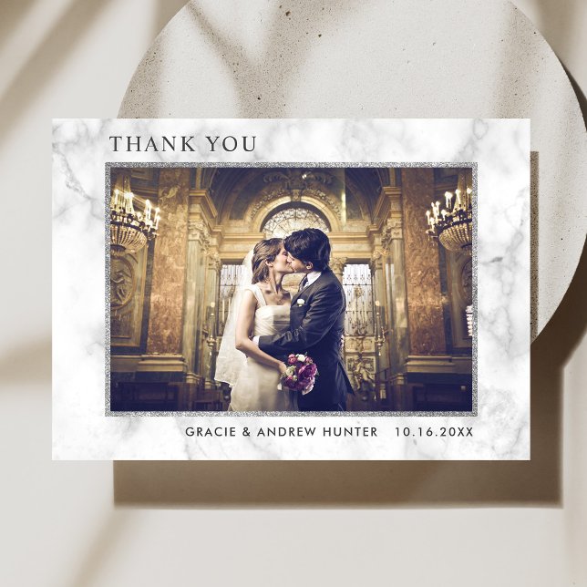 Modern White Marble Silver Glitter Thank You Card (Creator Uploaded)