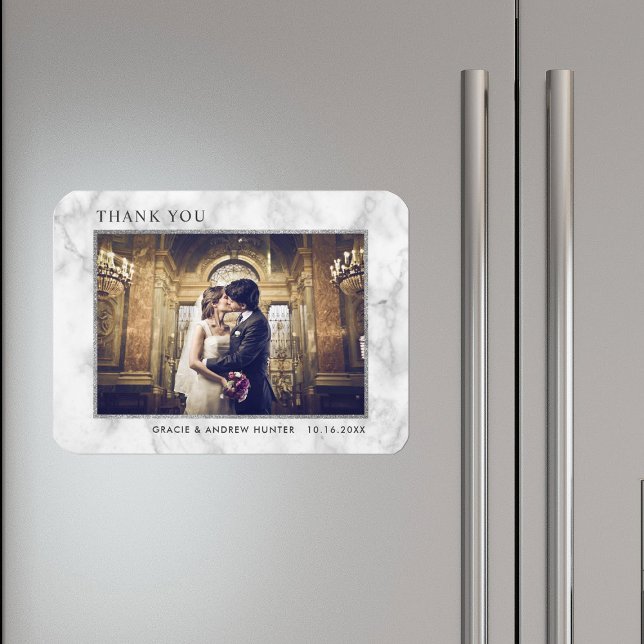 Modern White Marble Silver Glitter Thank You Photo Magnet (Creator Uploaded)