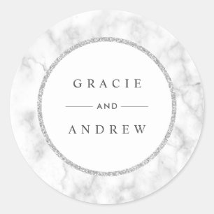 Modern White Marble Silver Glitter Wedding Classic Round Sticker
