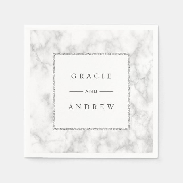 Modern White Marble Silver Glitter Wedding Paper Napkin (Front)