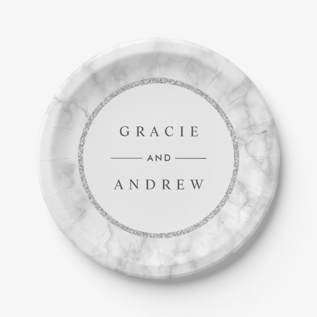 Modern White Marble Silver Glitter Wedding Paper Plate (Front)