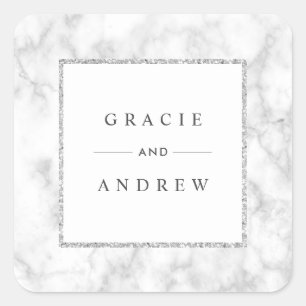 Modern White Marble Silver Glitter Wedding Square Sticker