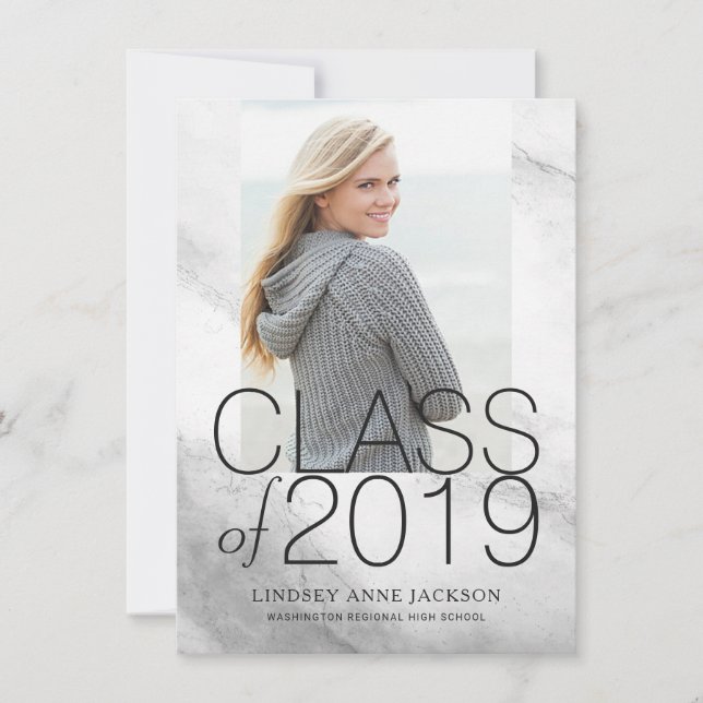 Modern White Marble Stacked Text Graduation Photo Announcement (Front)