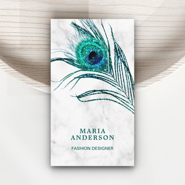 Modern White Marble Teal Peacock Feather Business Card (Creator Uploaded)