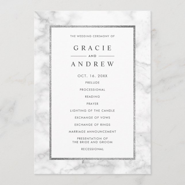 Modern White Marble Wedding Ceremony Program Programme (Front)