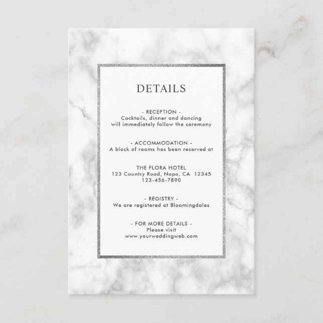Modern White Marble Wedding Details Enclosure Card (Front)