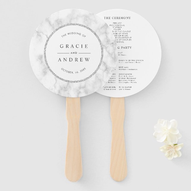 Modern White Marble Wedding Program Hand Fan (Front and Back)