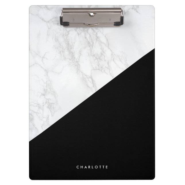 Modern White Marble with Black Block Personalised Clipboard (Front)