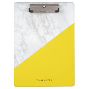 Modern White Marble with Yellow Block Personalised Clipboard