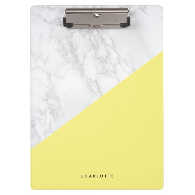 Modern White Marble with Yellow Block Personalised Clipboard (Front)