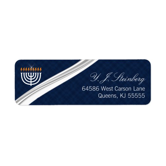 Modern White Menorah and Blue Hanukkah Return Address Label