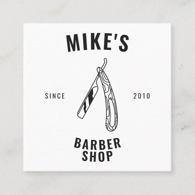Modern white mens barbershop razor hairdresser square business card (Front)