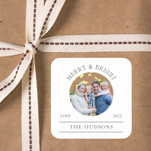 Modern White Merry & Bright Round Photo Square Sticker