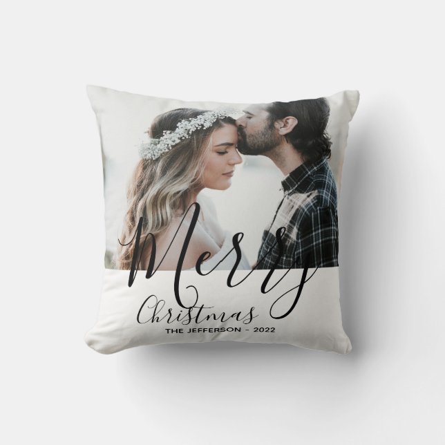 Modern White Merry Christmas Photo Cushion (Front)