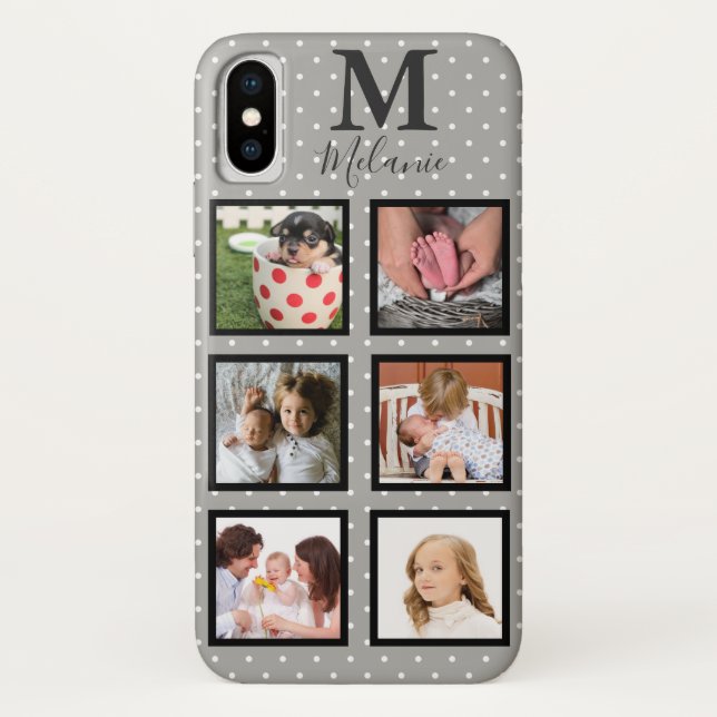Modern White Micro Dots Grey 6 Photo & Monogram Case-Mate iPhone Case (Back)