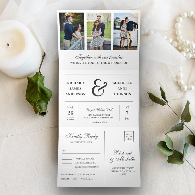 Modern White Minimal 3 in 1 Photo Collage Wedding Tri-Fold Invitation (Creator Uploaded)