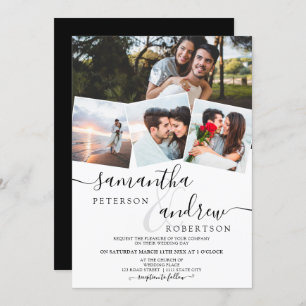 Modern white minimalist script 4 photos wedding invitation
