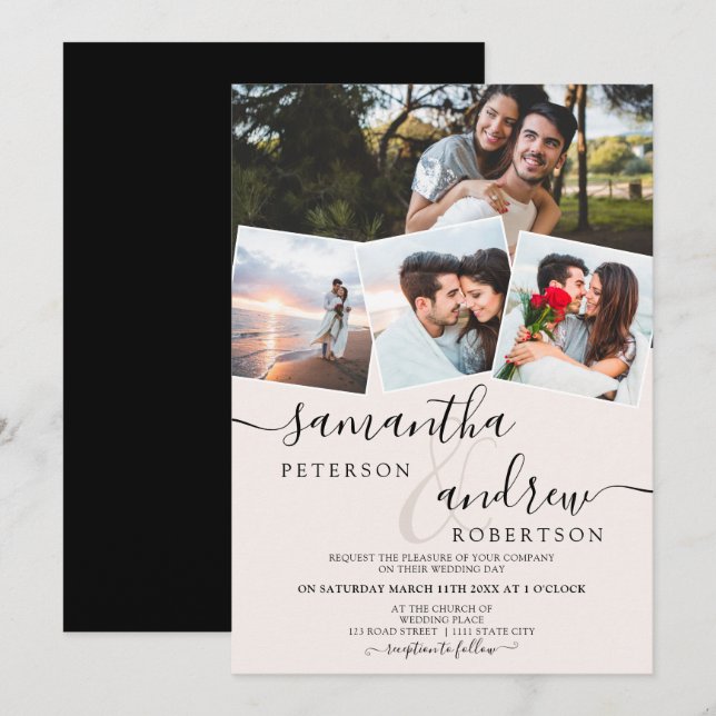 Modern white minimalist script 4 photos wedding invitation (Front/Back)