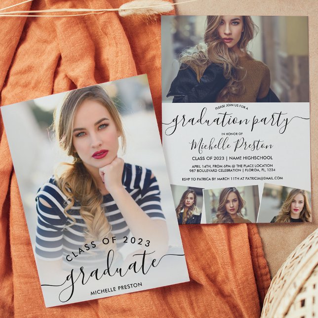 Modern white minimalist script photos graduation invitation (Creator Uploaded)