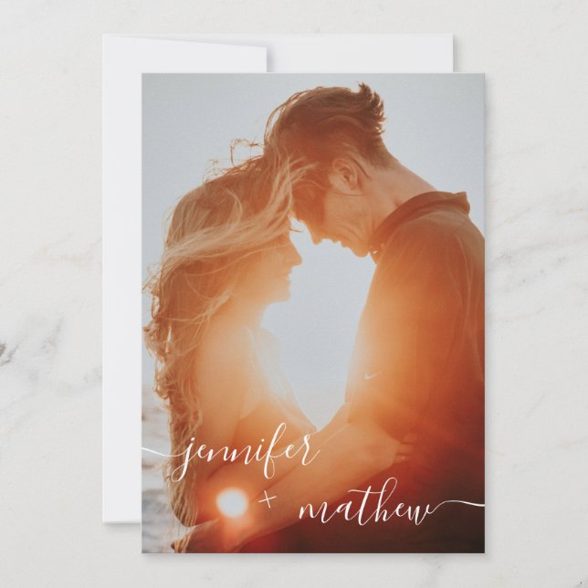 Modern white minimalist script photos wedding invitation (Front)