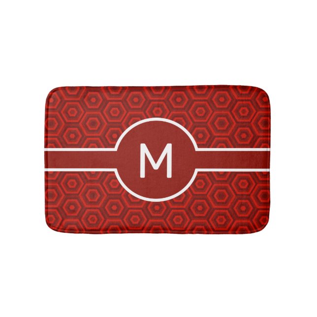 Modern White Monogram on Red Geometric Bath Mat (Front)