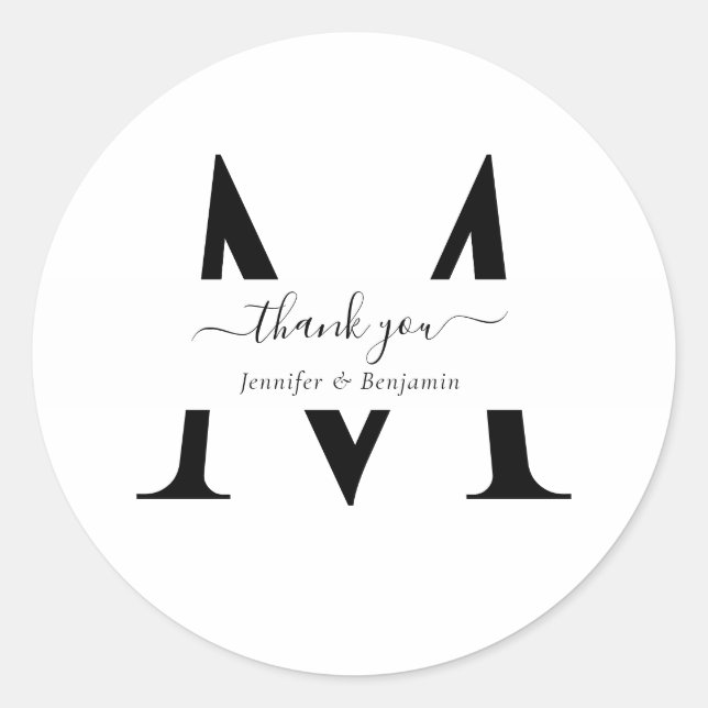 Modern White Monogram Wedding Favour Thank You Classic Round Sticker (Front)