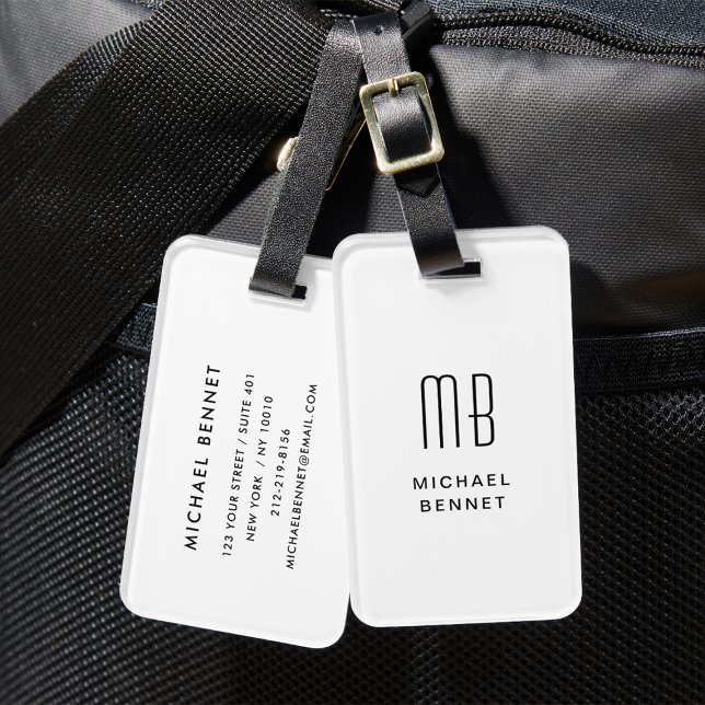 Modern White Monogrammed  Luggage Tag (Modern White Monogrammed Luggage Tag)
