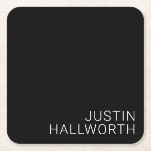 Modern White Name on Black Square Paper Coaster