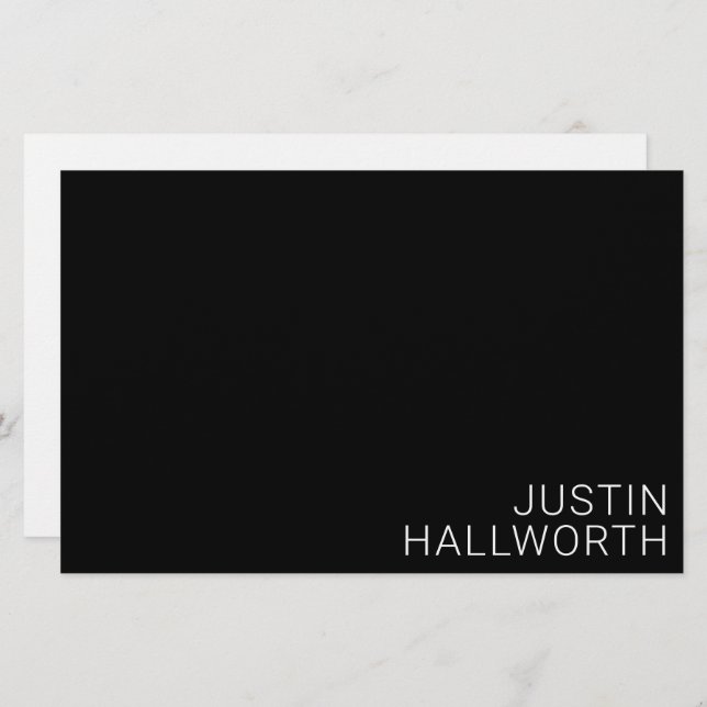 Modern White Name on Black Stationery (Front/Back)