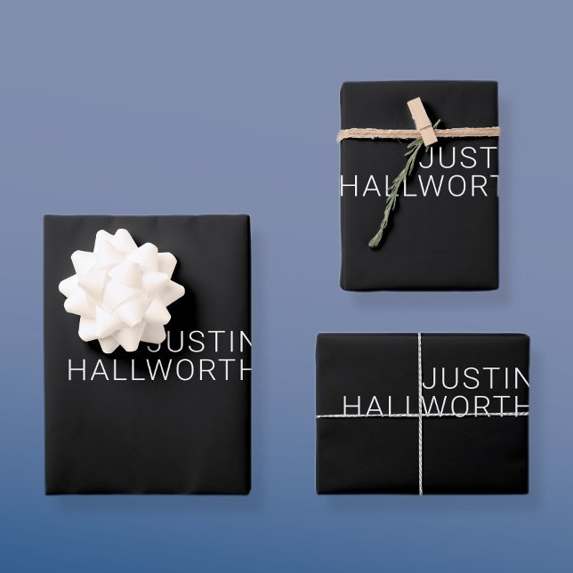 Modern White Name or other Text on Black Wrapping Paper Sheet (Creator Uploaded)