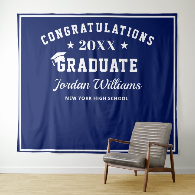 Modern White Navy Blue Graduation Photo Backdrop Tapestry (In Situ (Horizontal))
