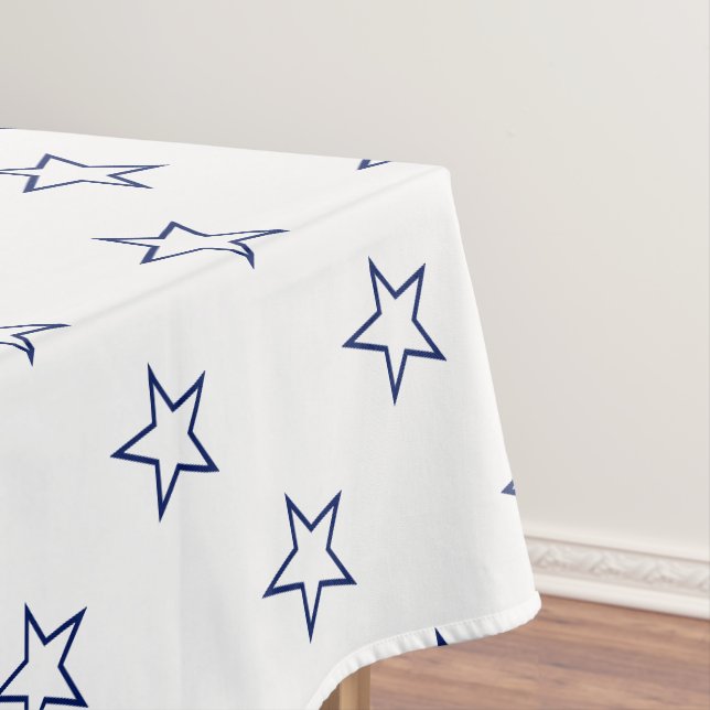 Modern white & navy blue stars pattern fun tablecloth (In Situ)