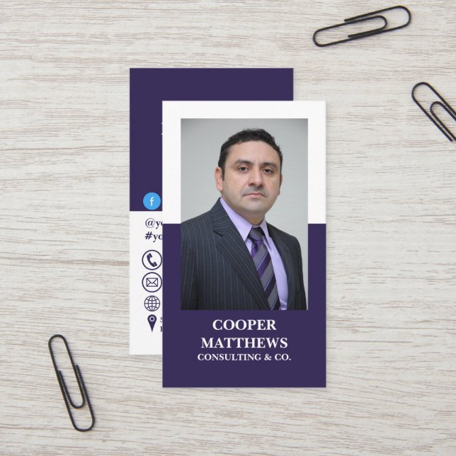 Modern White & Navy Professional Business Photo Business Card (Front/Back In Situ)