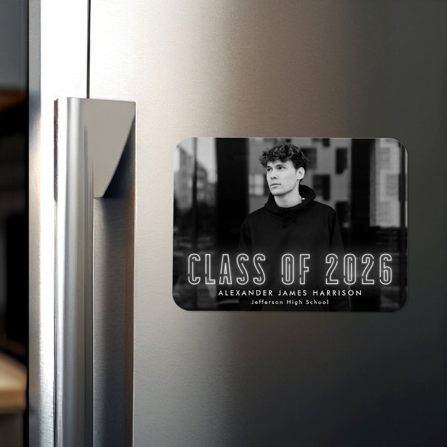 Modern White Neon Class of 2026 Photo Graduation Magnet (Creator Uploaded)