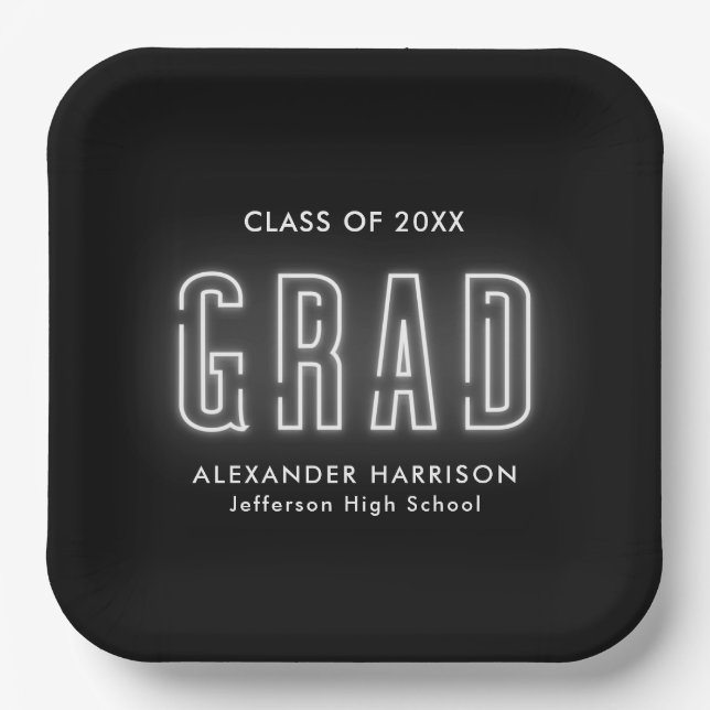 Modern White Neon Graduation Paper Plate (Front)
