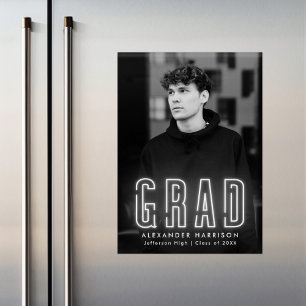 Modern White Neon Vertical Photo Graduation Magnetic Invitation