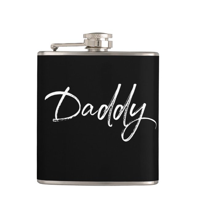 Modern White on Black Daddy Script  Hip Flask (Front)