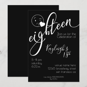 Modern White on Black Kissy Emoji 18th Birthday Invitation