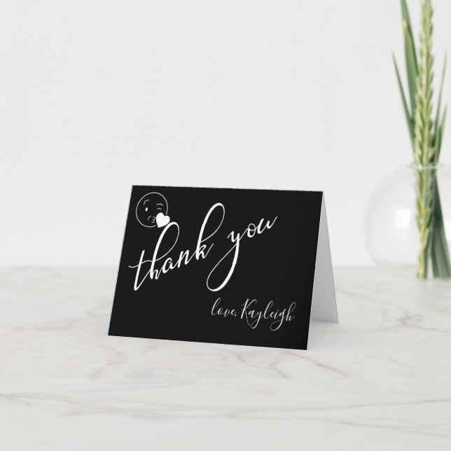 Modern White on Black  Kissy Wink Emoji Thank You Card (Front)