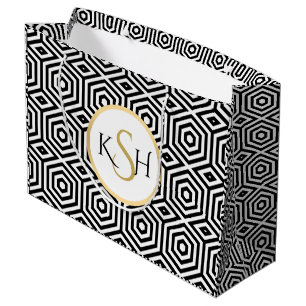 Modern White On Black Polygonal Pattern Large Gift Bag