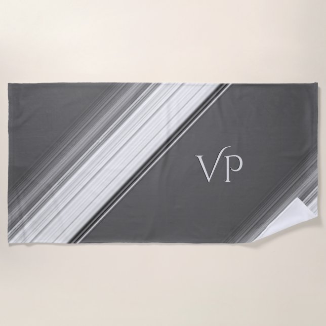 Modern White on Grey Monogram Beach Towel (Front)