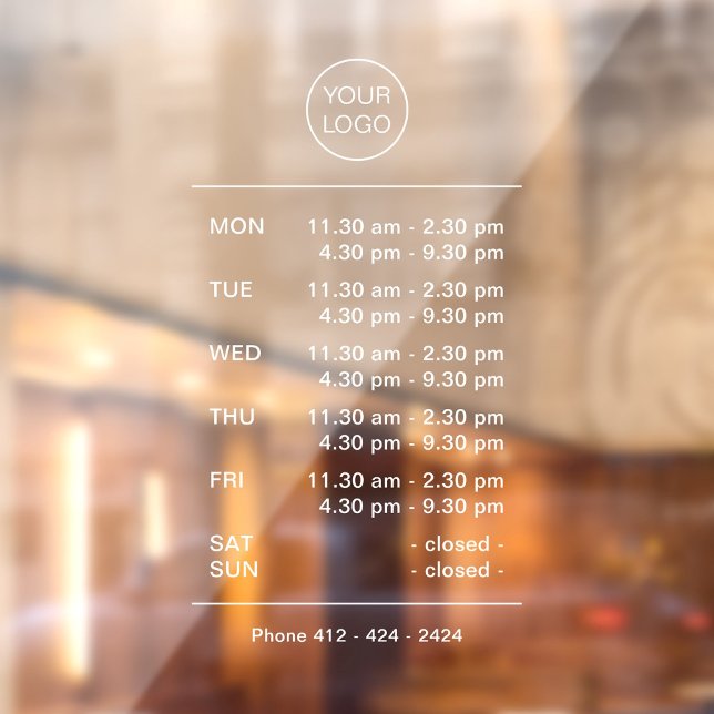 Modern White Opening Times With Break Business  Window Cling (Modern white business opening times with break, logo and phone number window cling. )