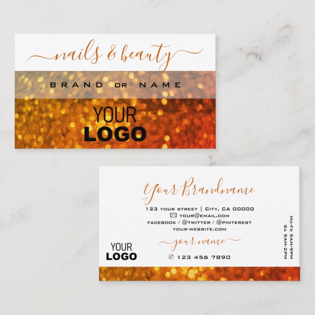 Modern White Orange Gold Sparkle Glitter with Logo Business Card (Front/Back)