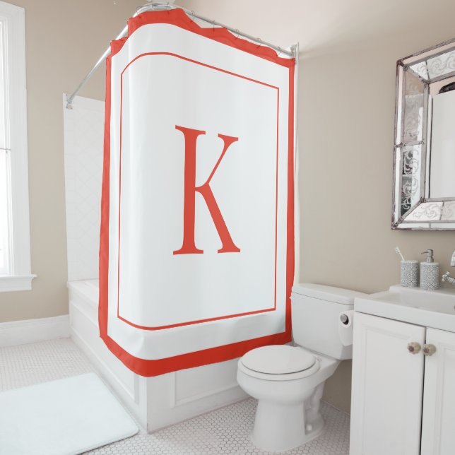 modern White & Orange Monogram initial Shower Curtain (In Situ)