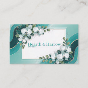 Modern White Orchid Floral Teal and Gold Business Card